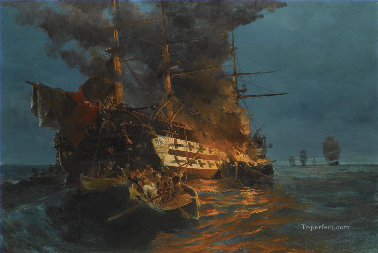The burning of a Turkish frigate by Konstantinos Volanakis Naval Battles Oil Paintings